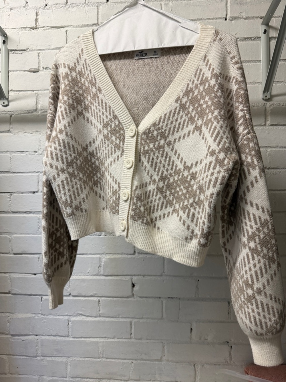 Hollister Neutral Plaid V-Neck Button-Front Cropped Sweater Cardigan